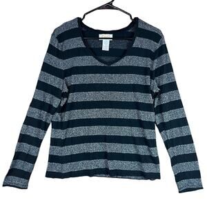 Talbots Womens Sweater Black Silver Metallic Blend Striped Lightweight Large